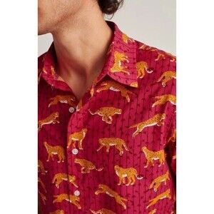 BONOBOS Stretch Riviera Men's Shirt Leopard Printed Pink Slim Fit Medium